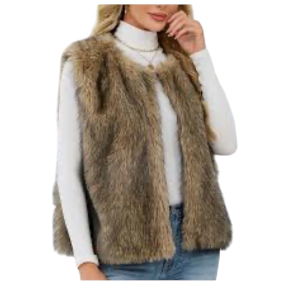 Tanming Women’s Faux Fur Vest Size Large Brown Tan Lined